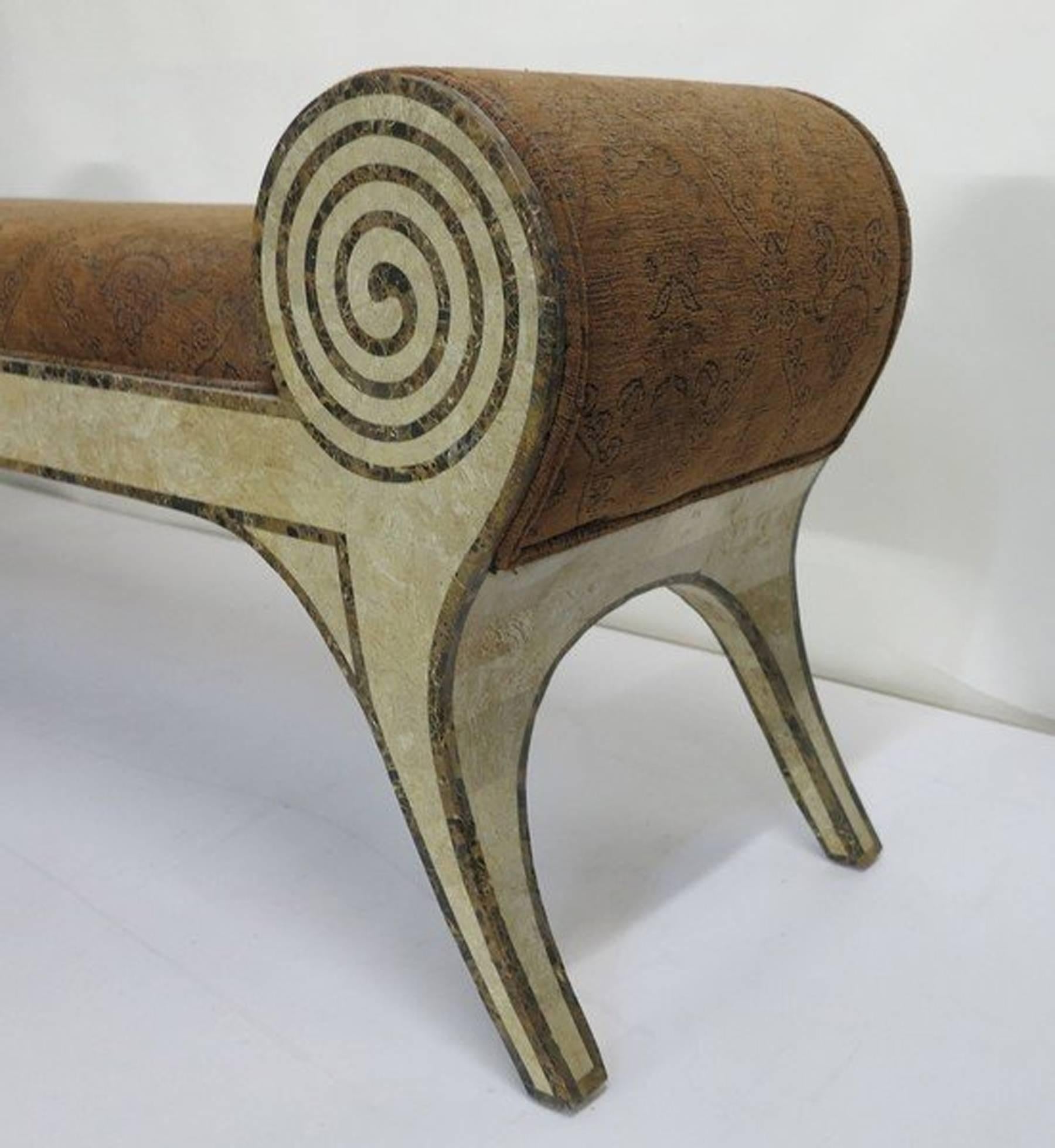 Tessellated marble scroll arm bench with sprayed legs. Original 1980s rust colored fabric. Probably Maitland-Smith. In very good condition. No Damage to the marble. Perfect for the end of bed.