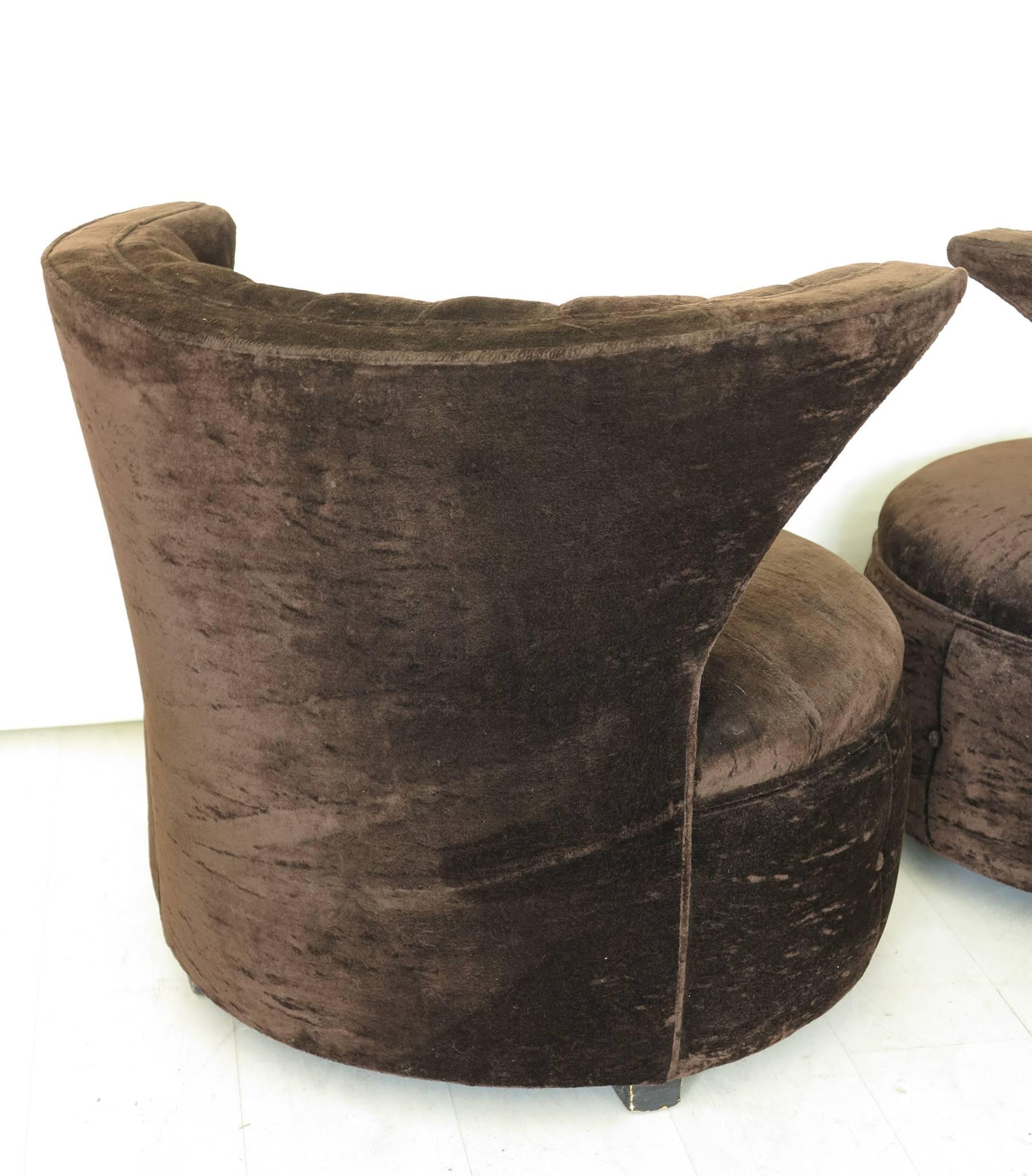 American Overstuffed Barrel Lounge Chairs Tufted Backs with Wings, 1970s