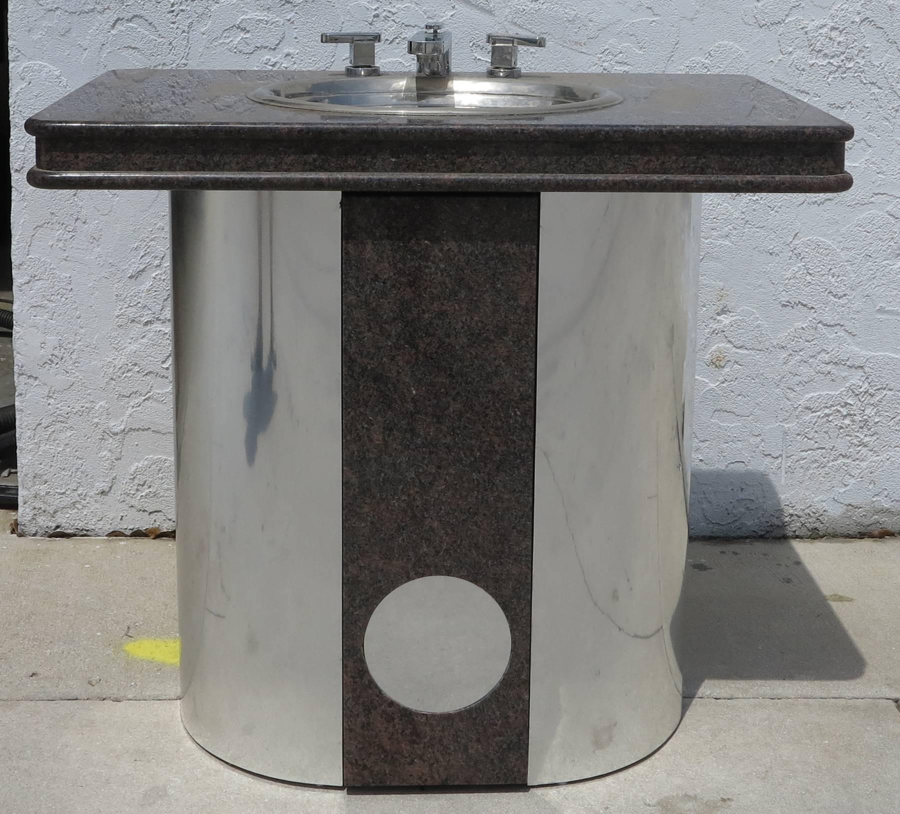 Mid-Century Modern Vintage Sherle Wagner Vanity Sink Black Granite Top with Stainless Steel Base