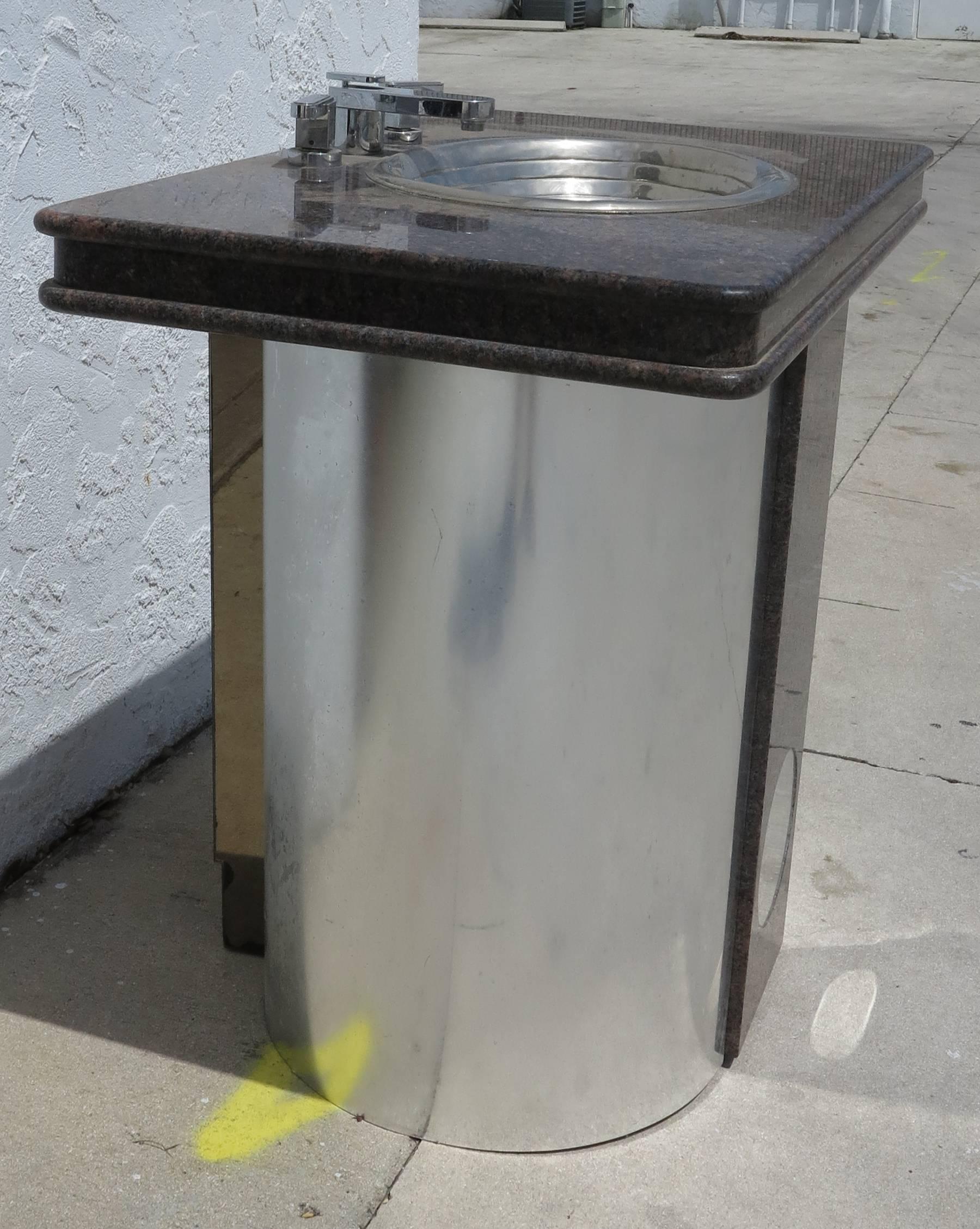 Vintage Sherle Wagner Vanity Sink Black Granite Top with Stainless Steel Base In Excellent Condition In West Palm Beach, FL