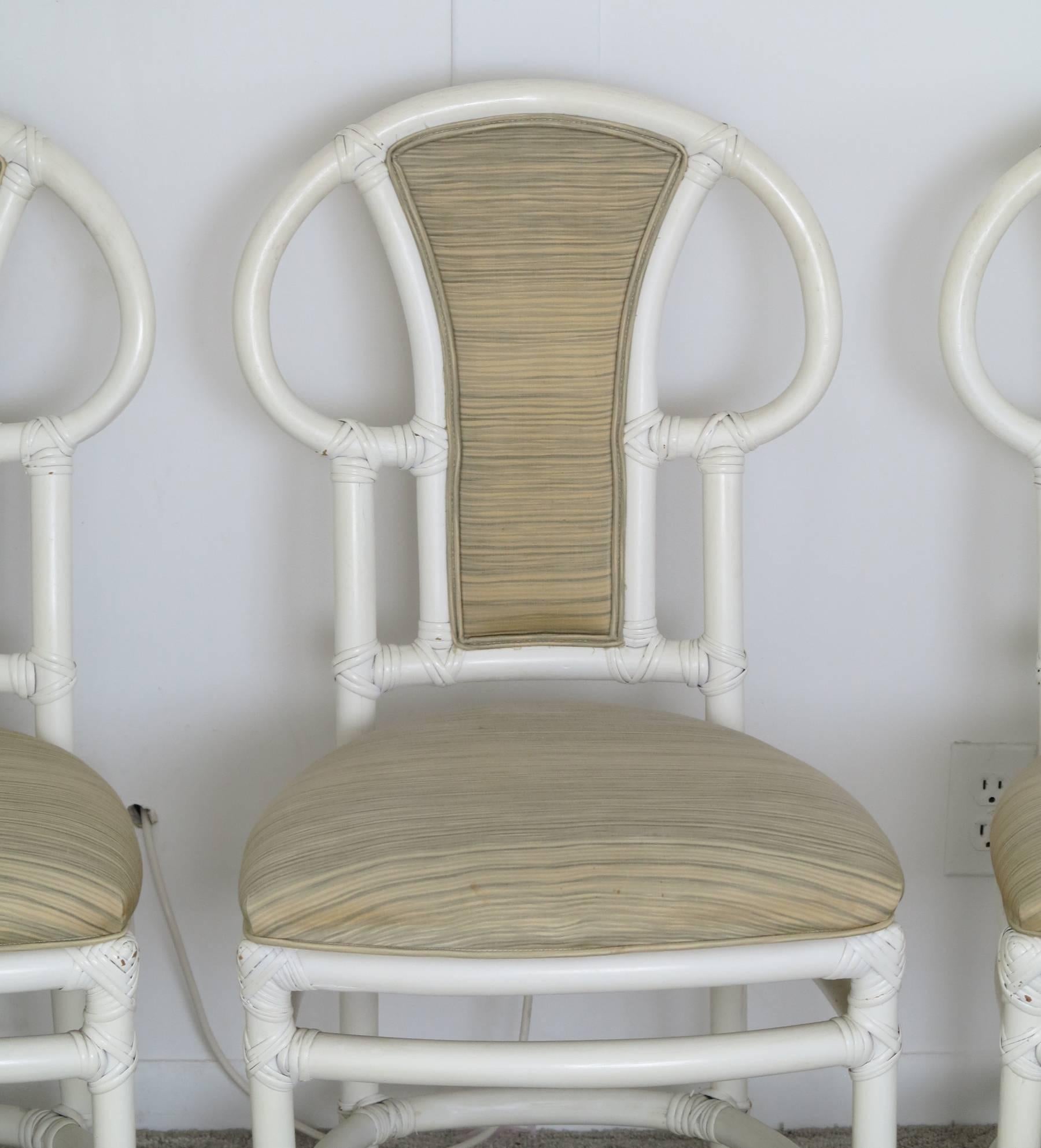 Hollywood Regency Four Vintage Rattan Dining Chairs Painted White