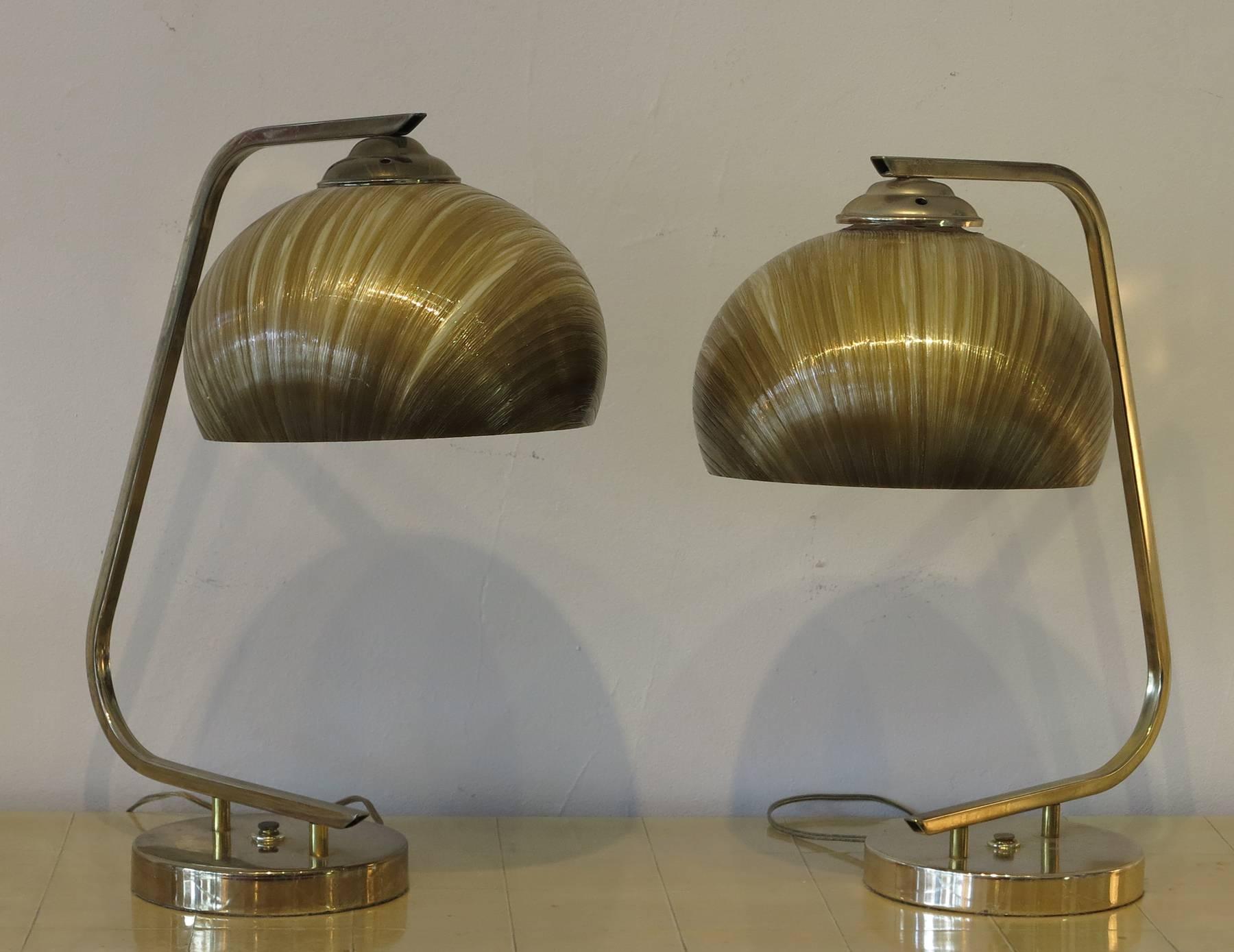 Mid-Century Modern Pair of Vintage Brass Table Lamps Spun Fiberglass Shades, 1960s