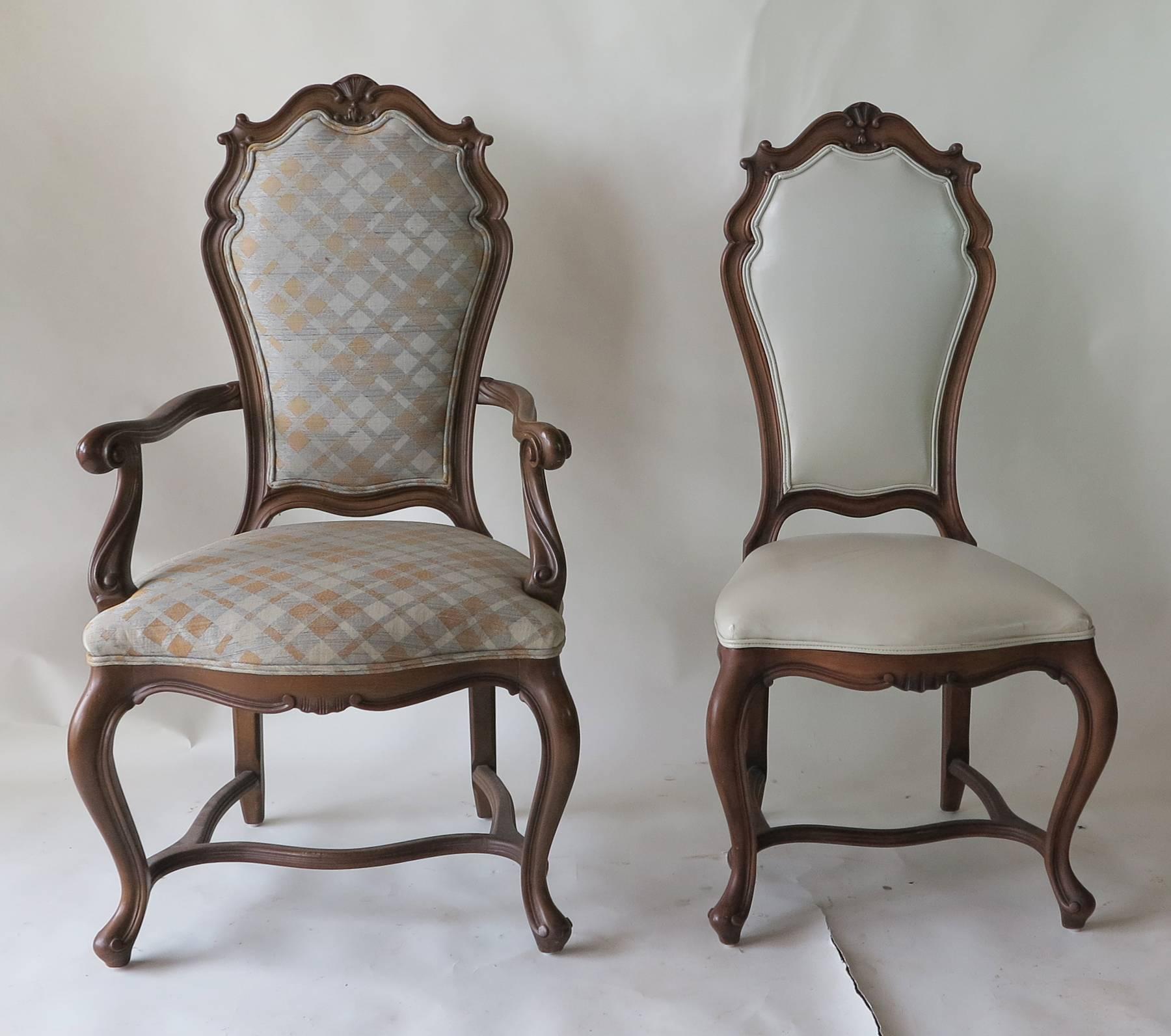 Six Karges Louis XV style dining chairs. In very good original condition. Show very little wear. From a house decorated in the 1980s. Upholstery in very good condition. 24 wide by 24 deep by 43 high seat height 19 inches.
