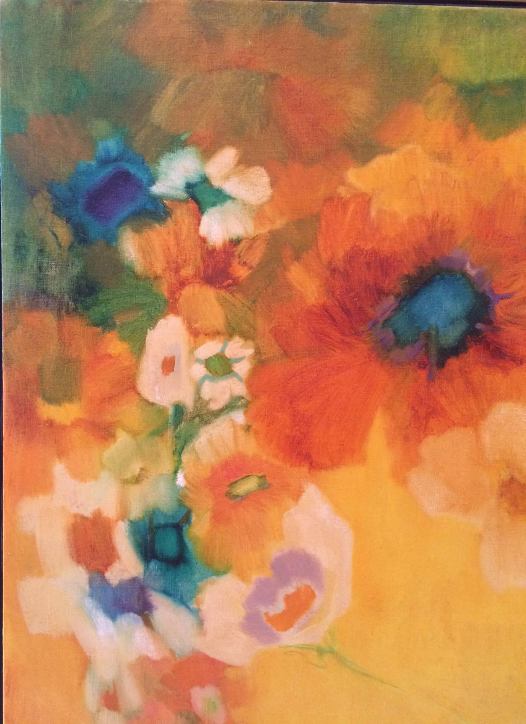 Florence Hasenflug American (1914-2010) oil painting on canvas. Large painting of April flowers. 
Measures: 55 wide inches by 45 high inches 1.5 deep.
