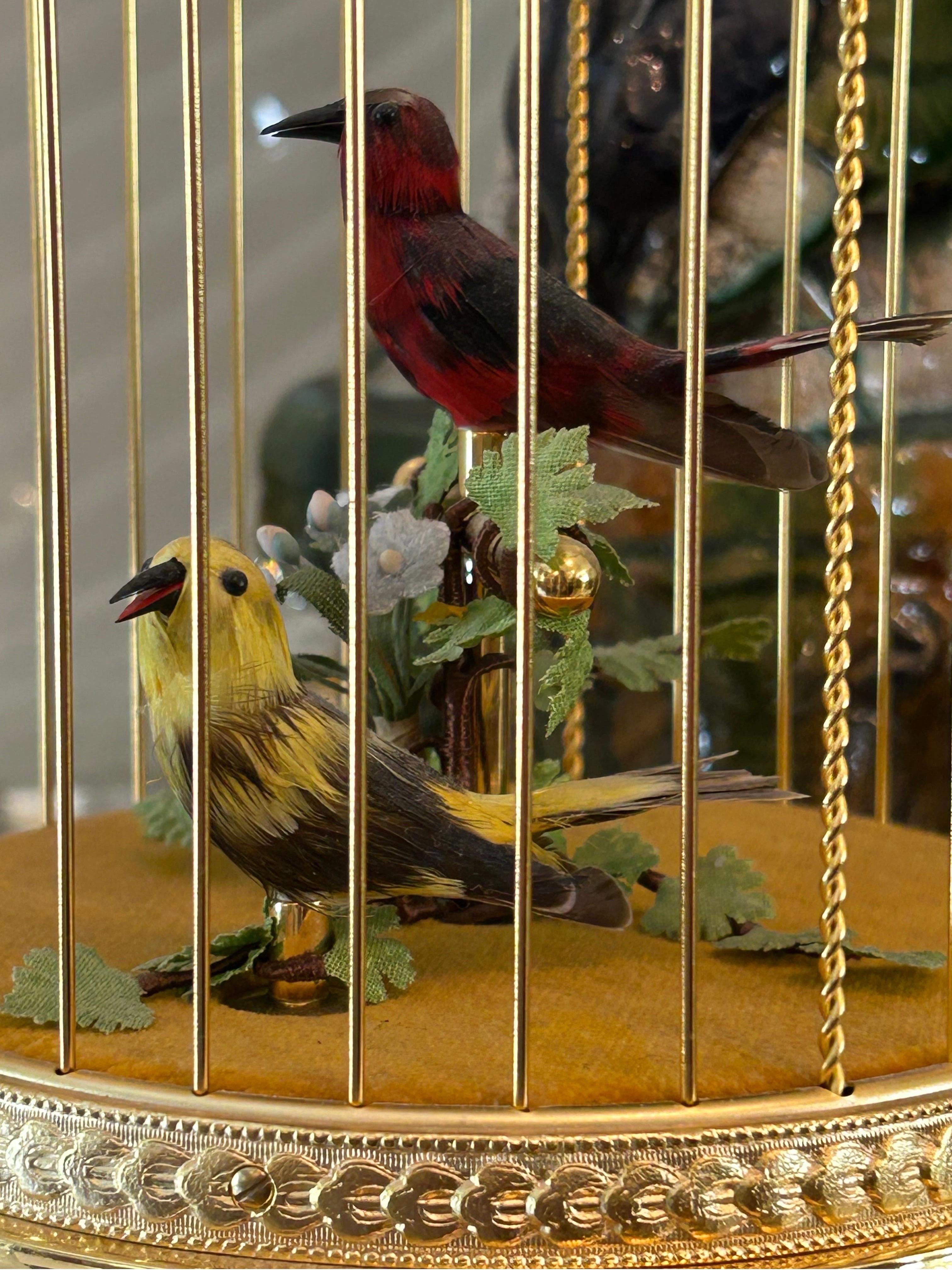 Gilt Reuge automation two singing birds in gilt birdcage For Sale