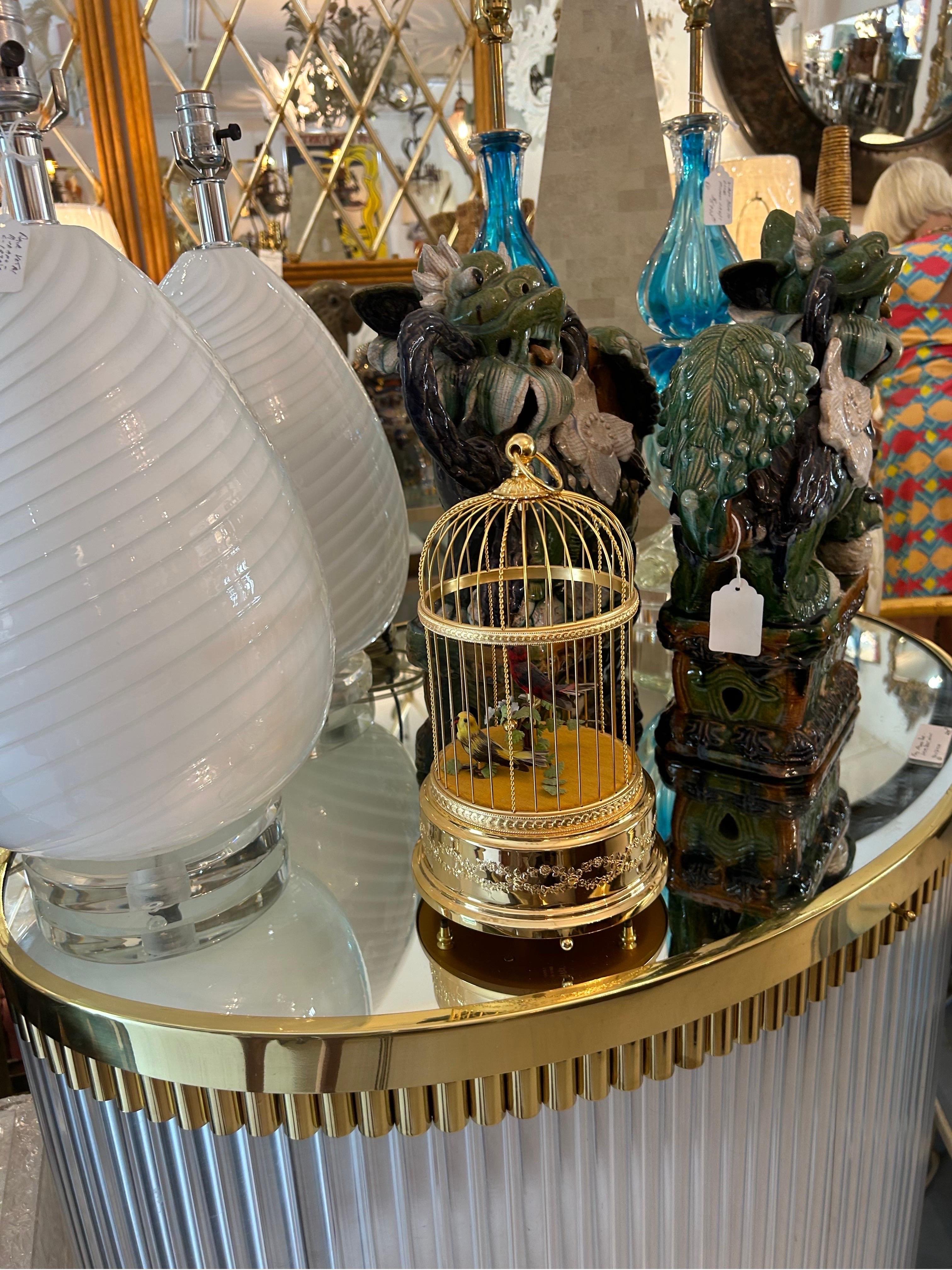 Reuge automation two singing birds in gilt birdcage In Good Condition For Sale In West Palm Beach, FL