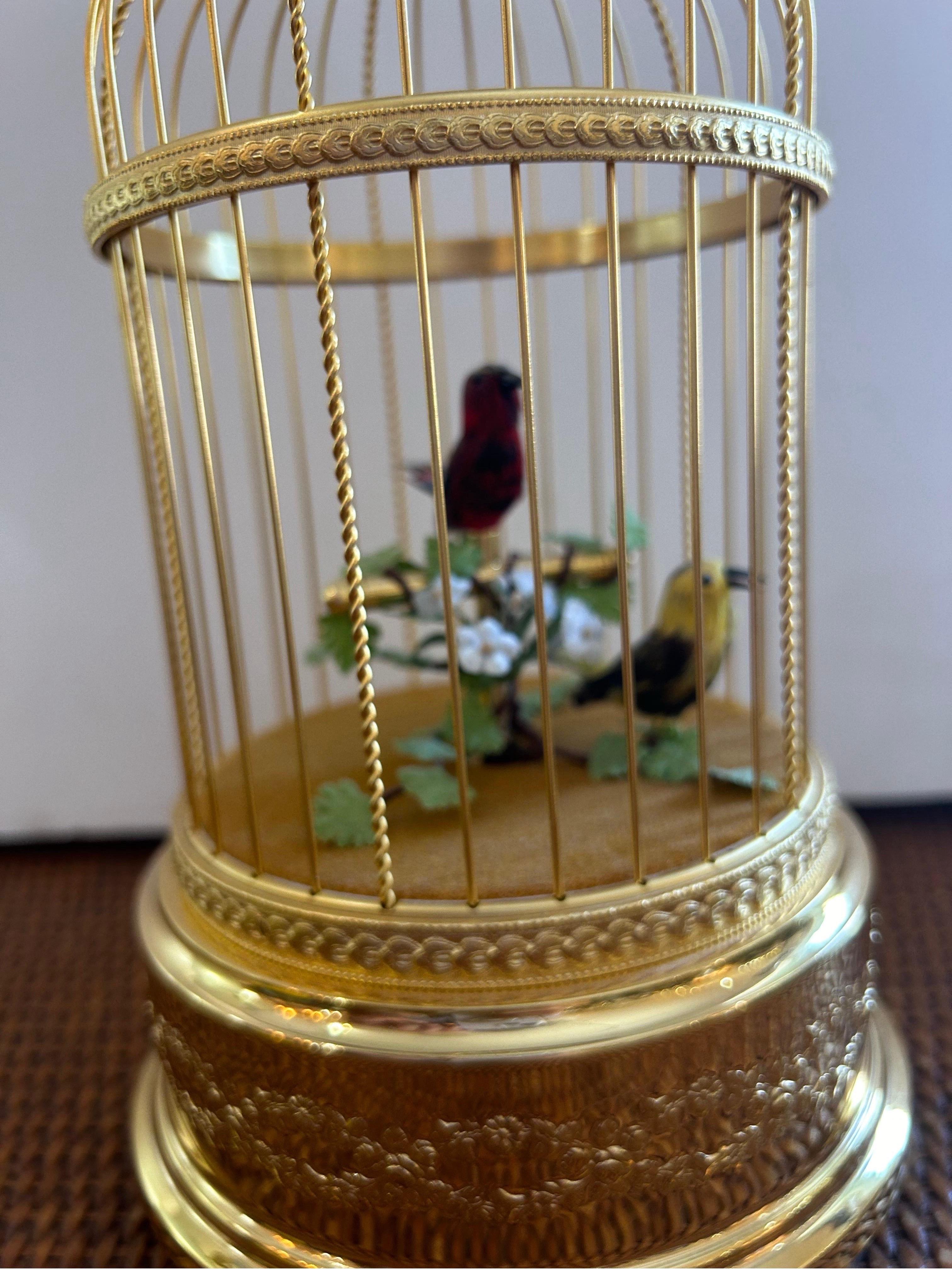 Reuge automation two singing birds in gilt birdcage For Sale 1