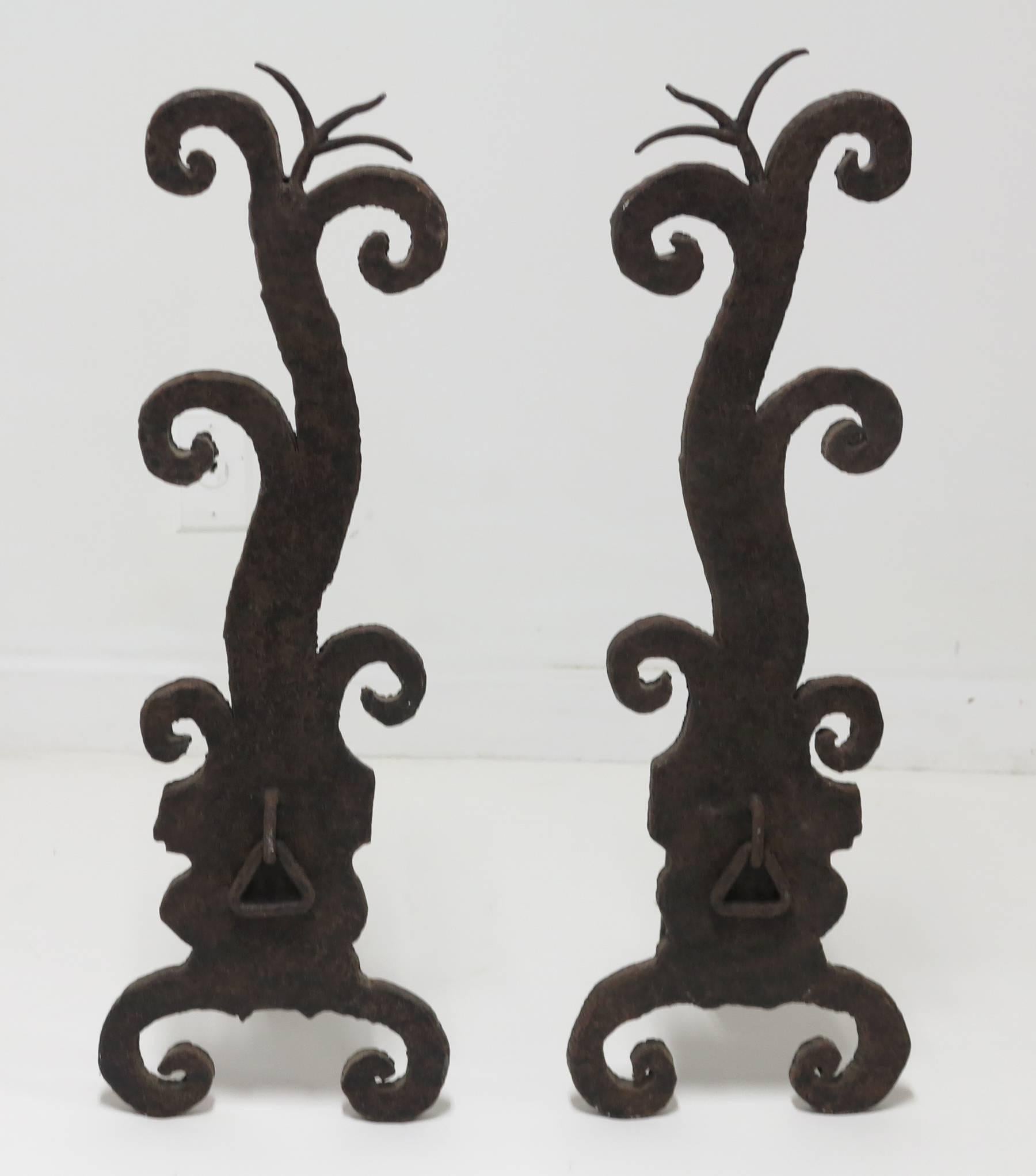 Artisan Made Hand Forged Wrought Andirons. Heavy unique andirons custom made, Thick solid steel construction