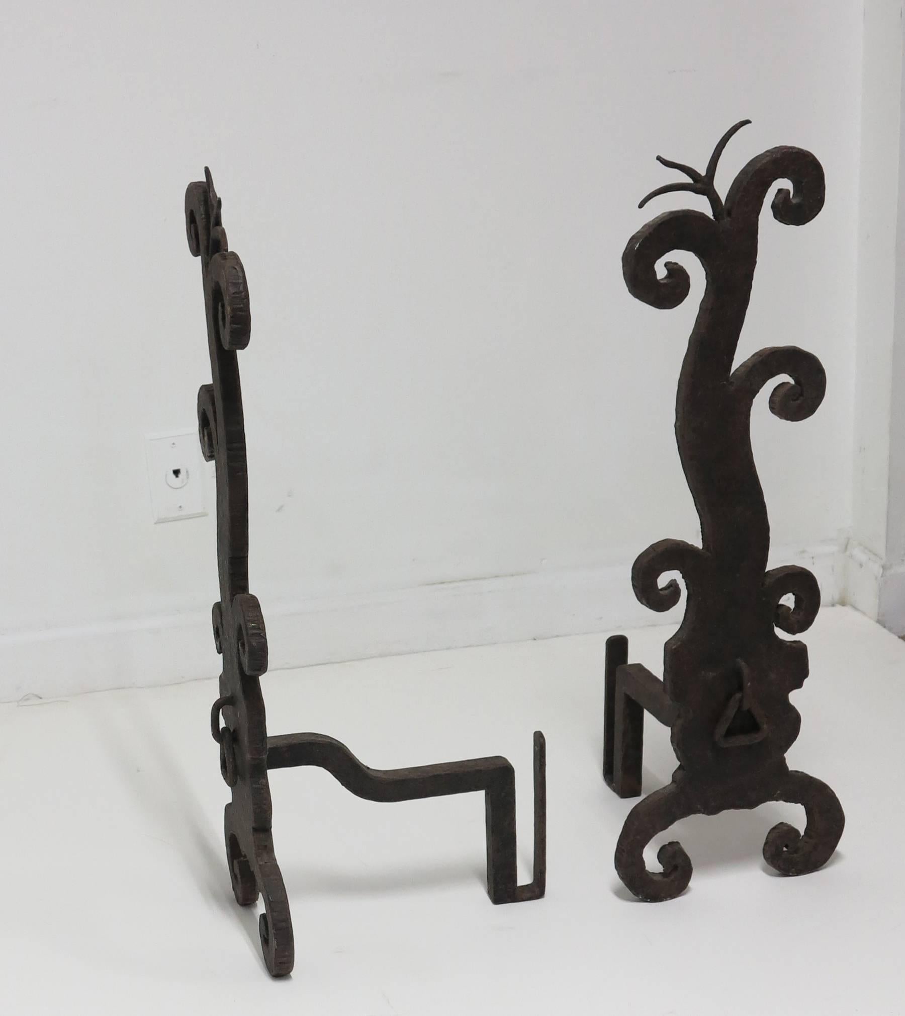 Artisan Made Hand-Forged Wrought Andirons In Good Condition In West Palm Beach, FL