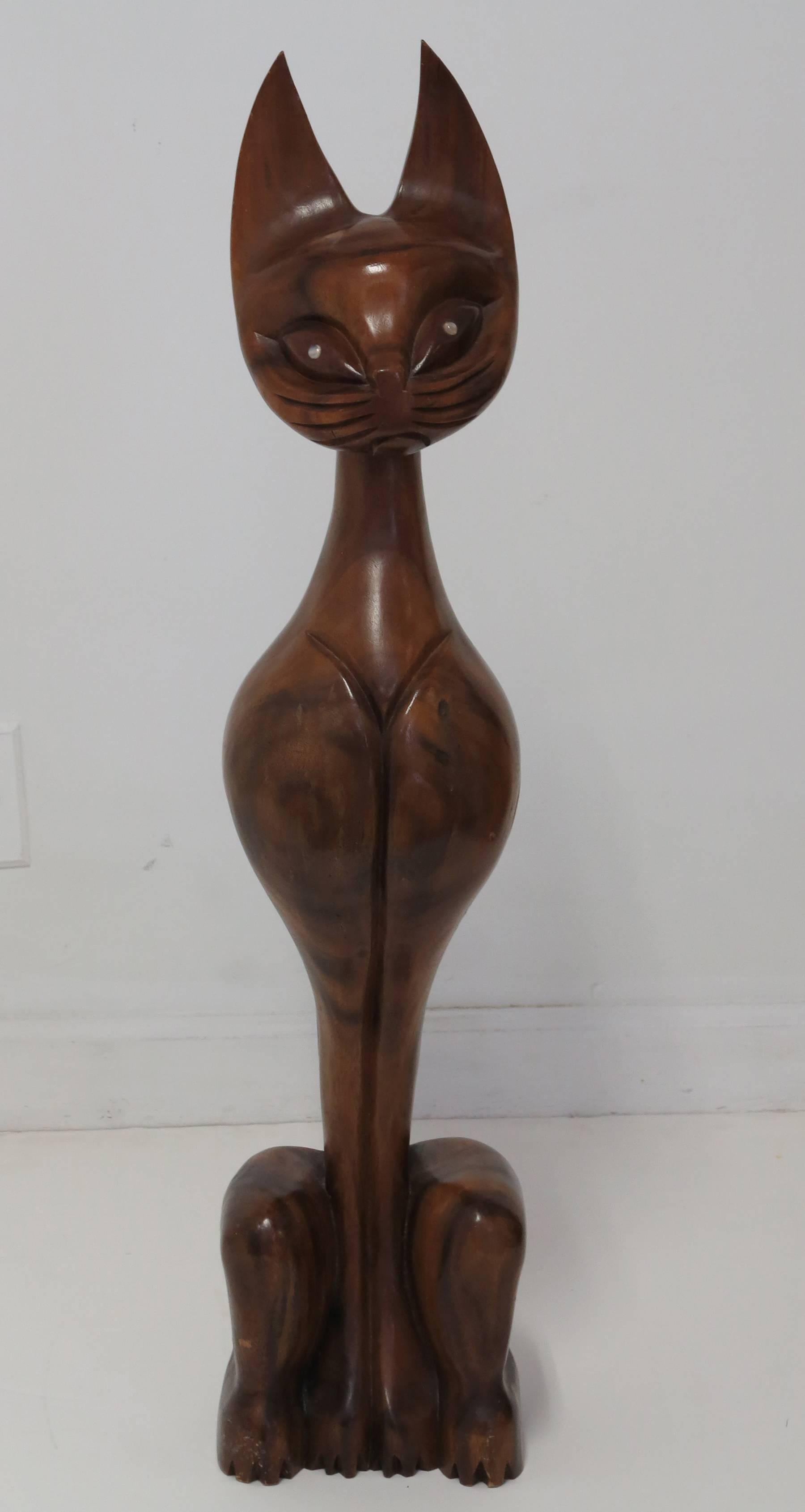 One Solid Piece of teak hand carved 1960s cat