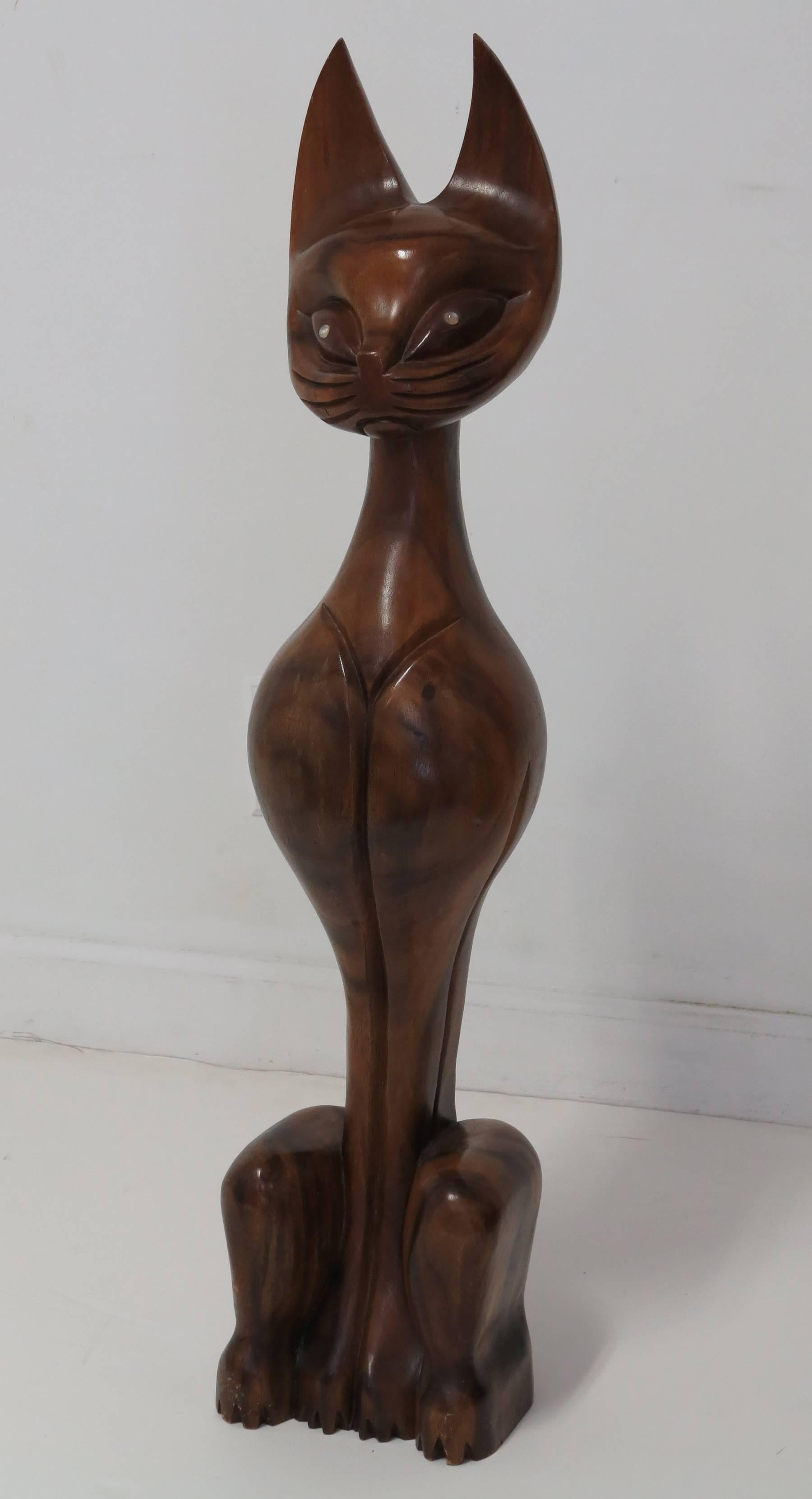 Unknown Hand-Carved Solid Teak Stylized Cat, 1960s