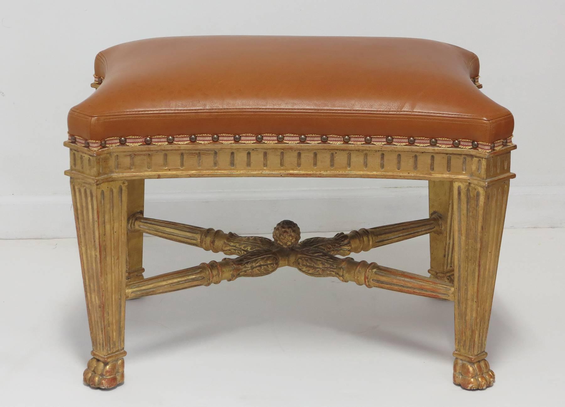 Dennis and Leen Bench Leather Gilded Carved Wood In Good Condition In West Palm Beach, FL