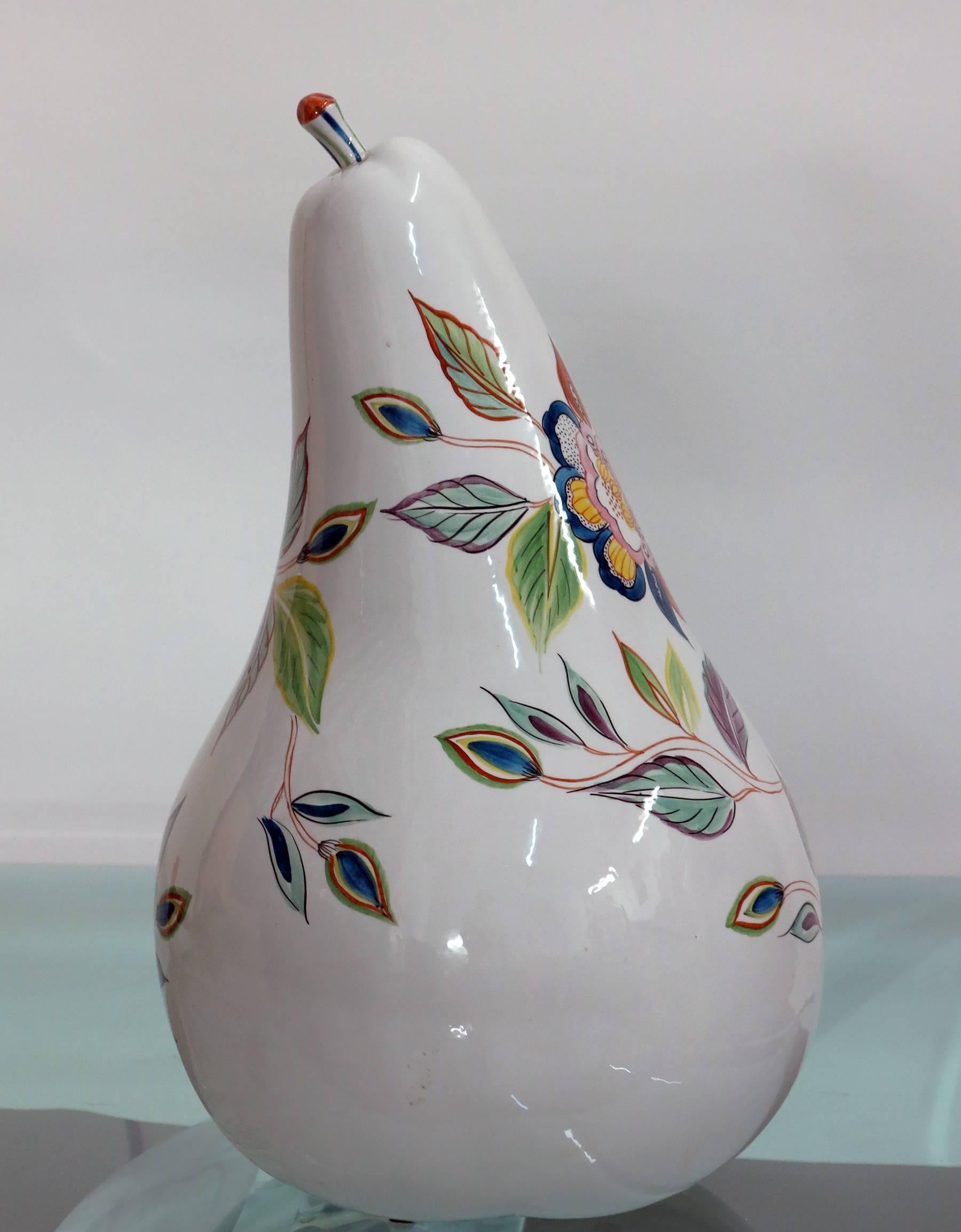 Italian Art Pottery Pear 1960s decorated with flowers and vines.