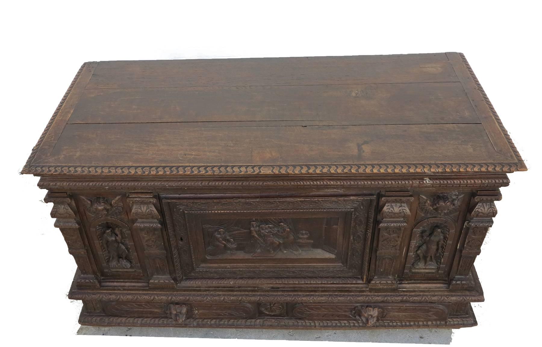 Italian Renaissance Credenza Sideboard. Cupboard door with two drawers below with carved pulls.