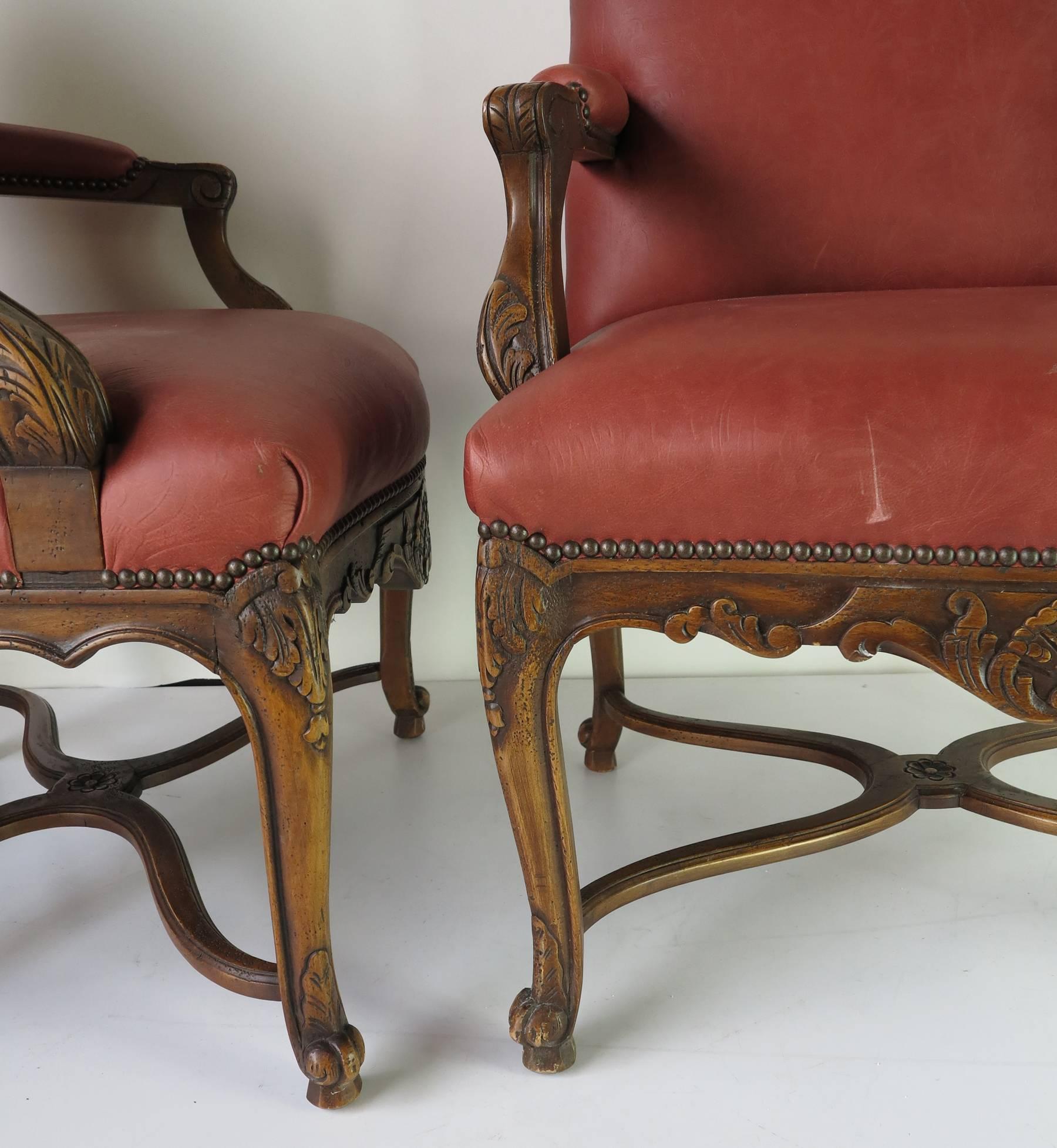 20th Century Vintage  Embossed Red  Louis xiv style  Arm Chairs