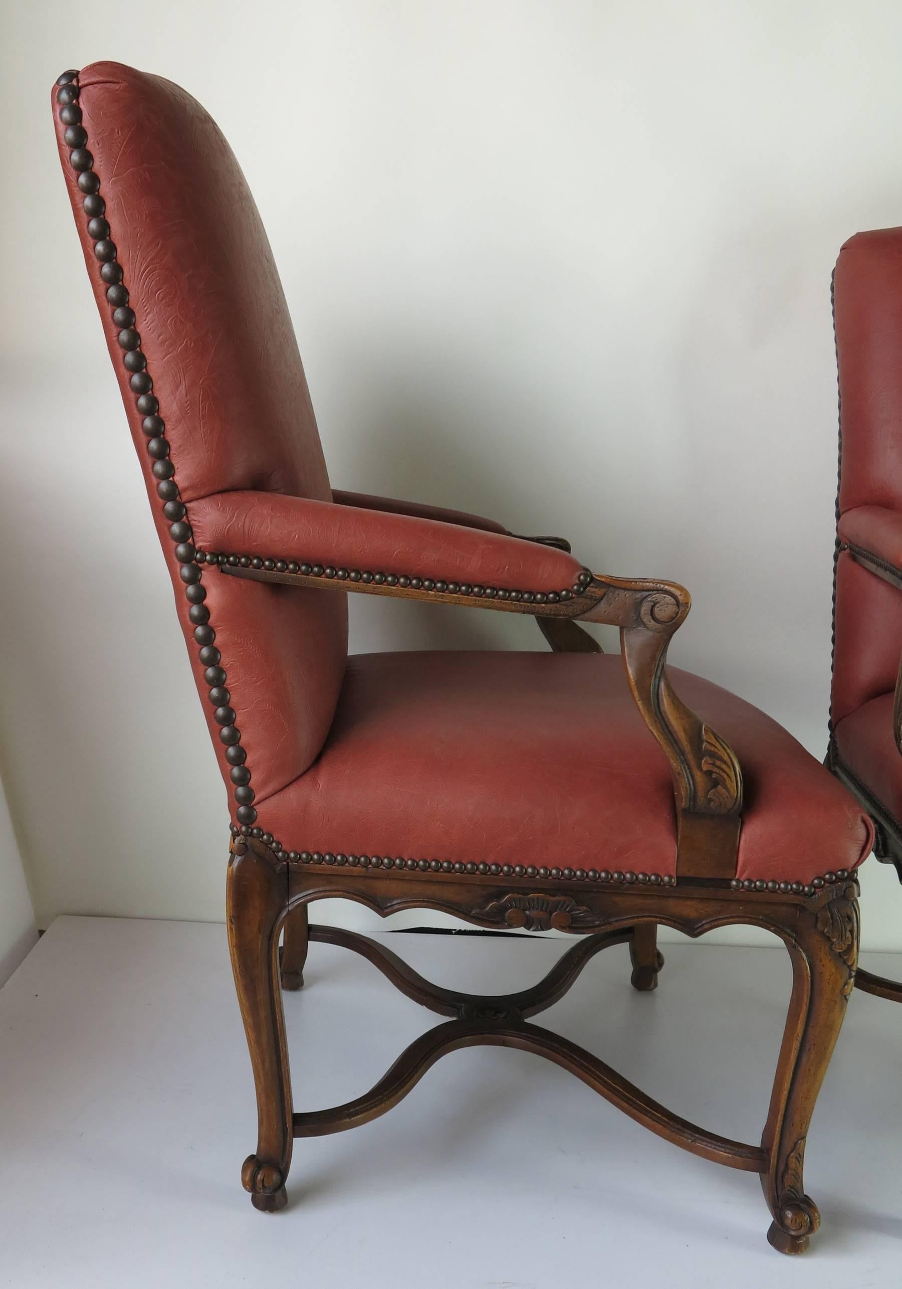 Vintage  Embossed Red  Louis xiv style  Arm Chairs In Excellent Condition In West Palm Beach, FL