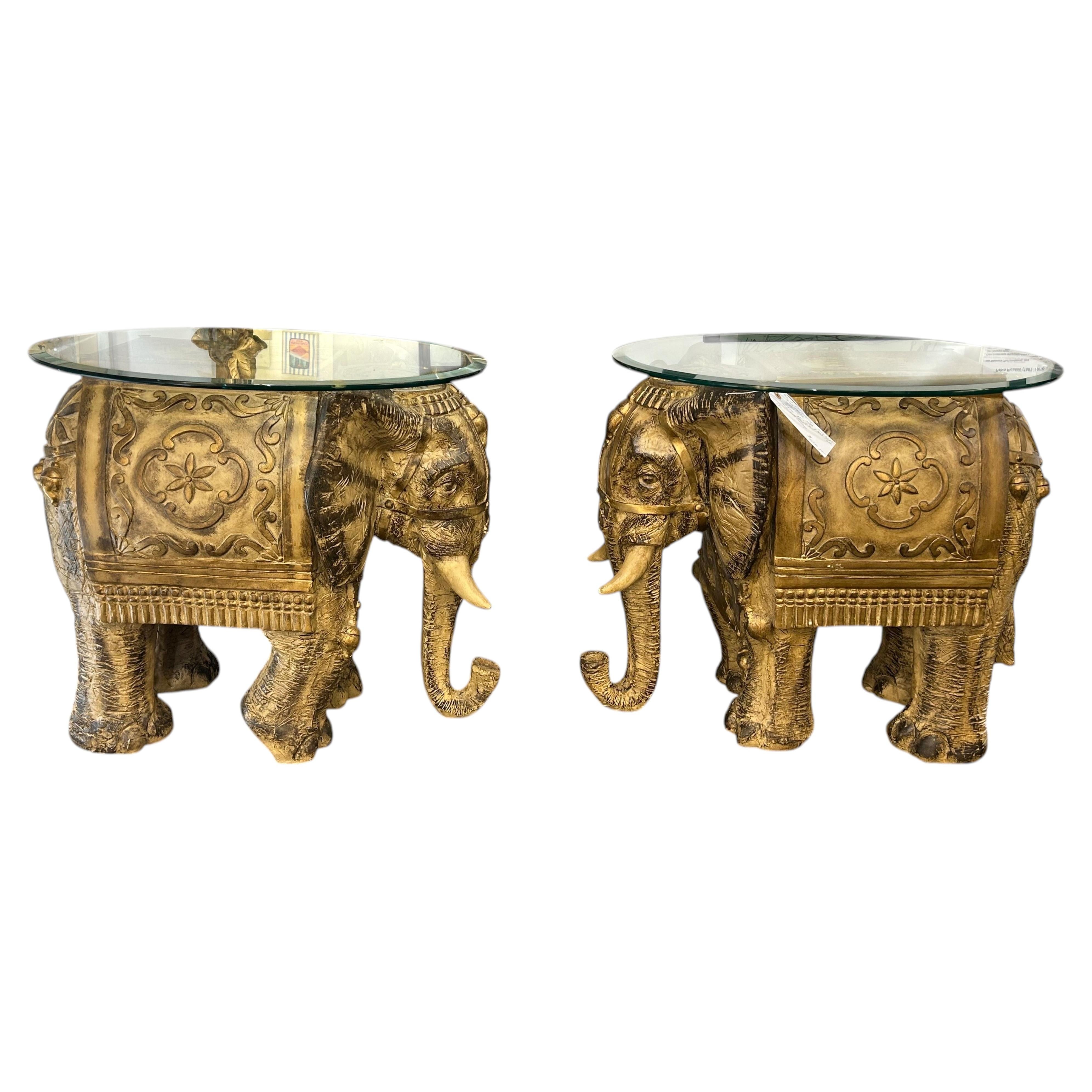 Pair of Gilt Elephant Sculptural Side Tables With Glass Tops For Sale