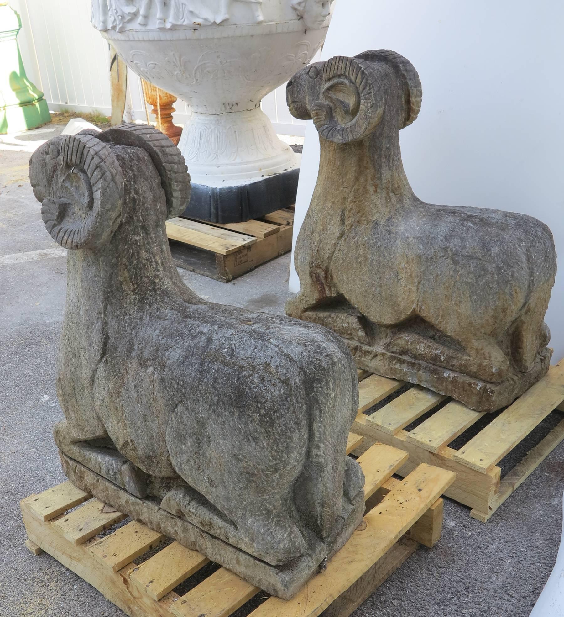 Antique Carved Stone Ram Entry Temple Statues In Excellent Condition In West Palm Beach, FL