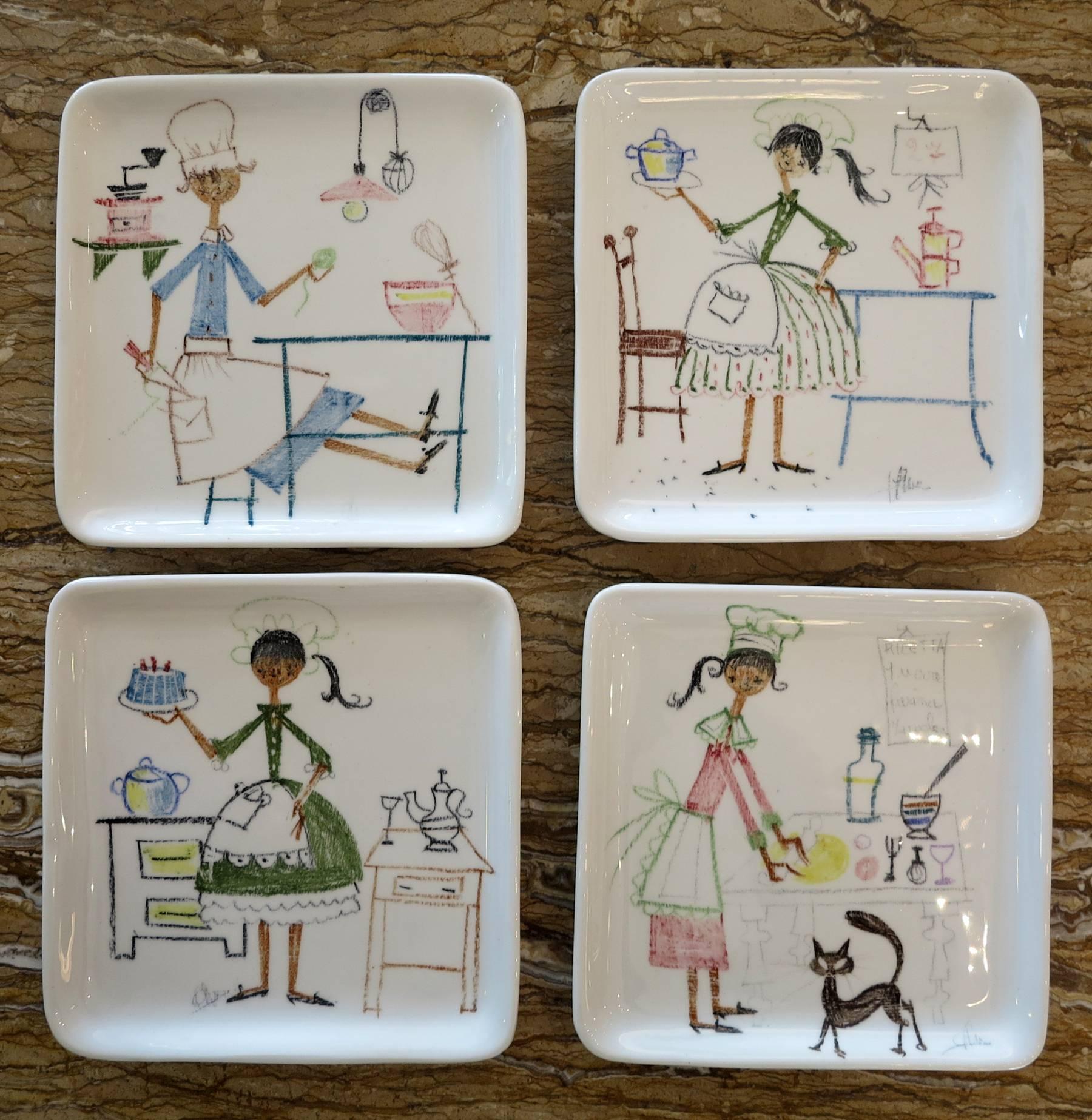 Rare Italian pottery. Whimsical domestic scenes from Montecatini Figini.  26 pieces as shown in photos some minor dings to a few but no serious damage to any.