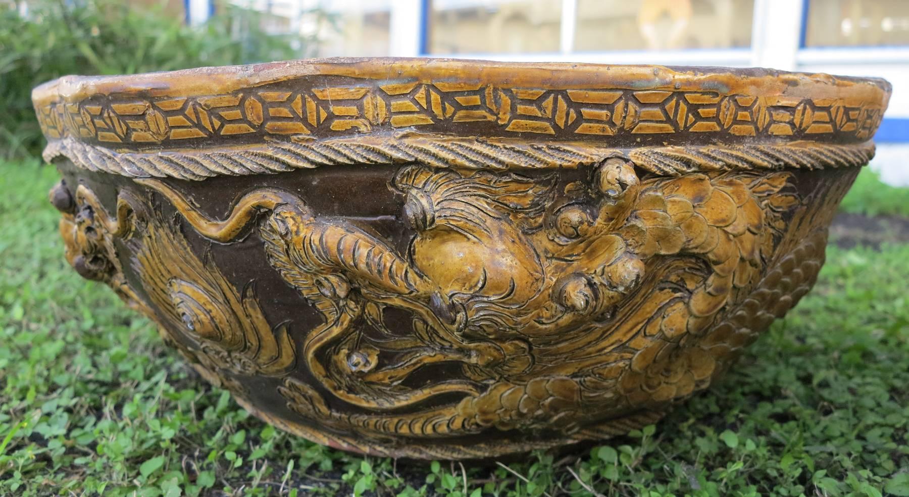 Chinese Export Antique Terracotta Planters Chinese Raised Dragons Design