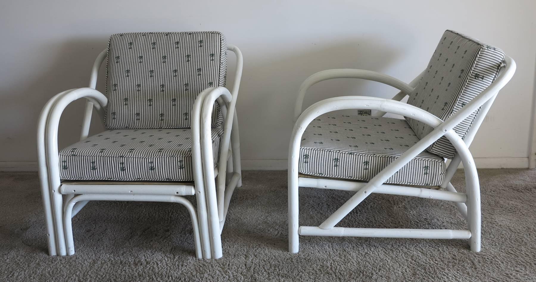 Vintage Rattan Lounge Chairs Painted White In Excellent Condition In West Palm Beach, FL