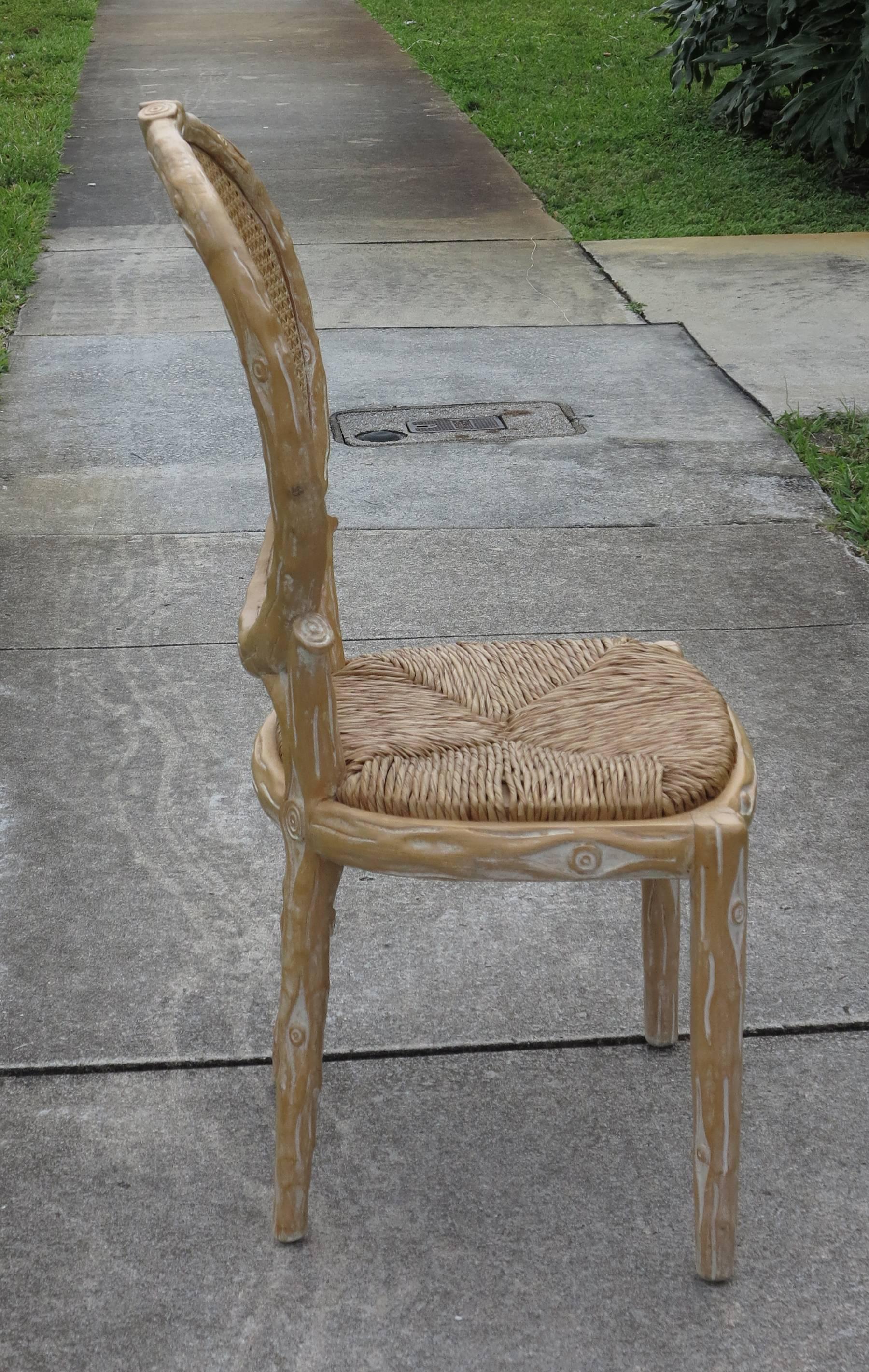 Hollywood Regency Vintage Faux Bois Carved Dining Chairs Caned Backs Rush Seats