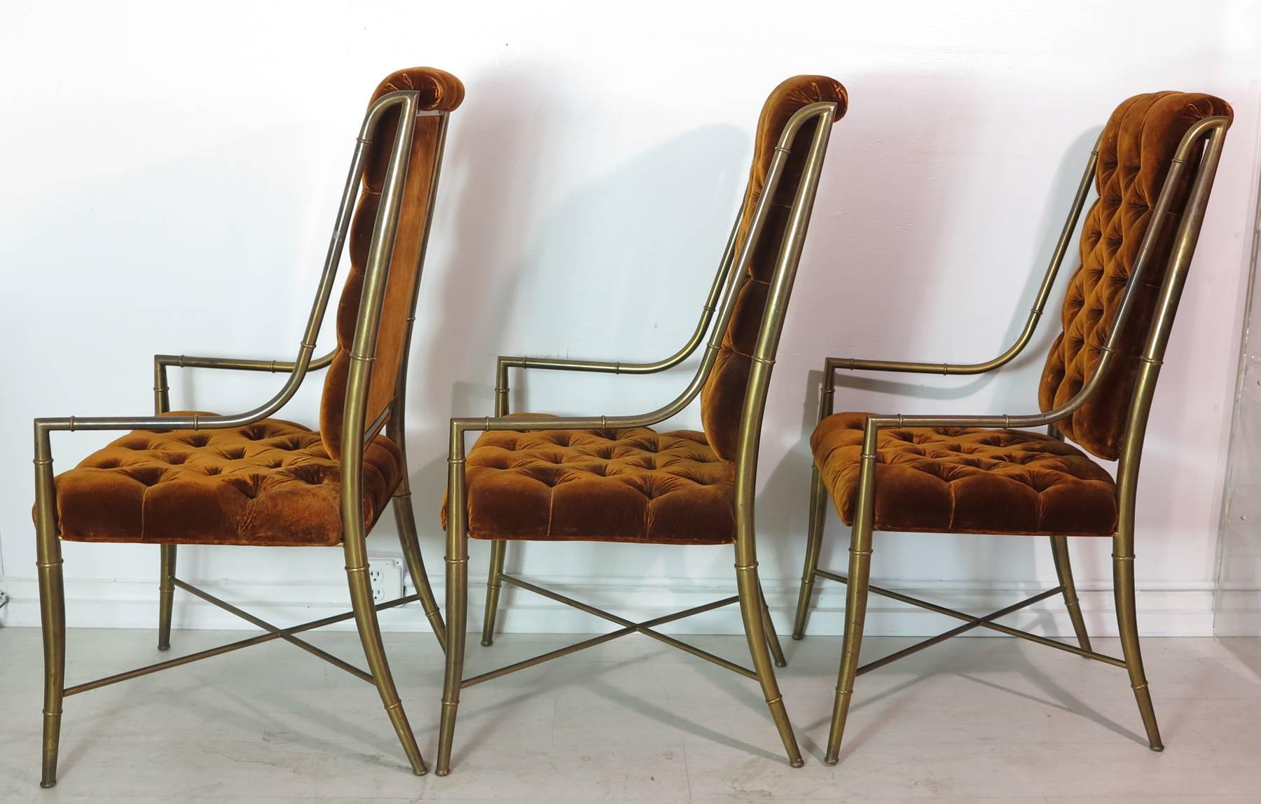 Vintage faux bamboo mastercraft brass imperial chairs set of six. Original velvet upholstery.