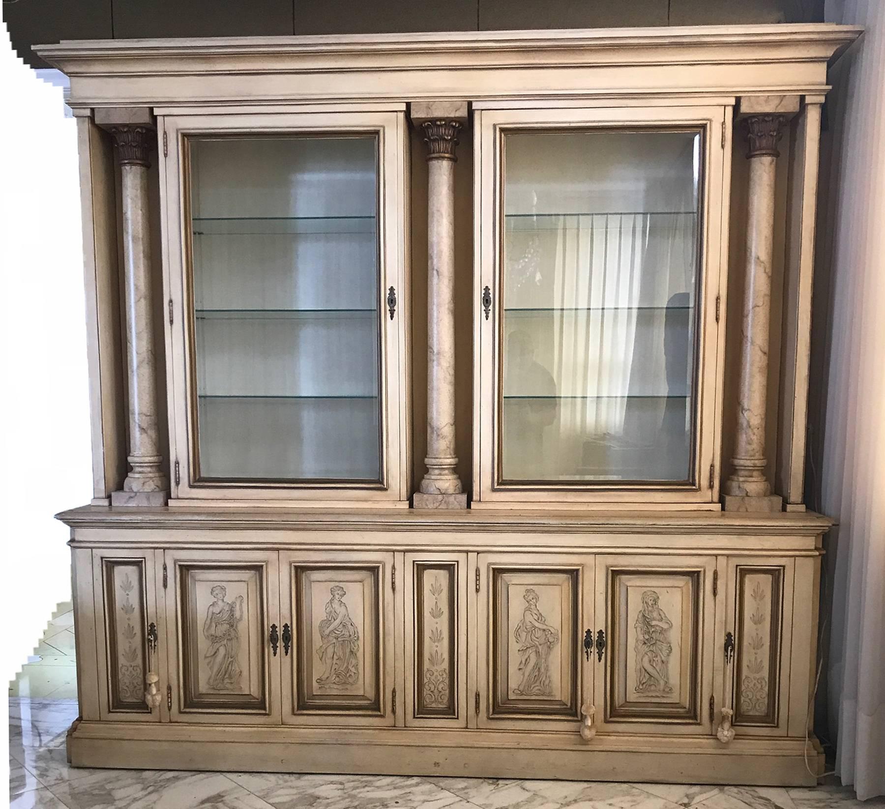 Glass upper cabinets with column decoration with storage drawers below. Tasteful pale painted finish with Venetian scenes. Karges was known for high quality furniture one of the old American furniture companies . Solid wood construction throughout.
