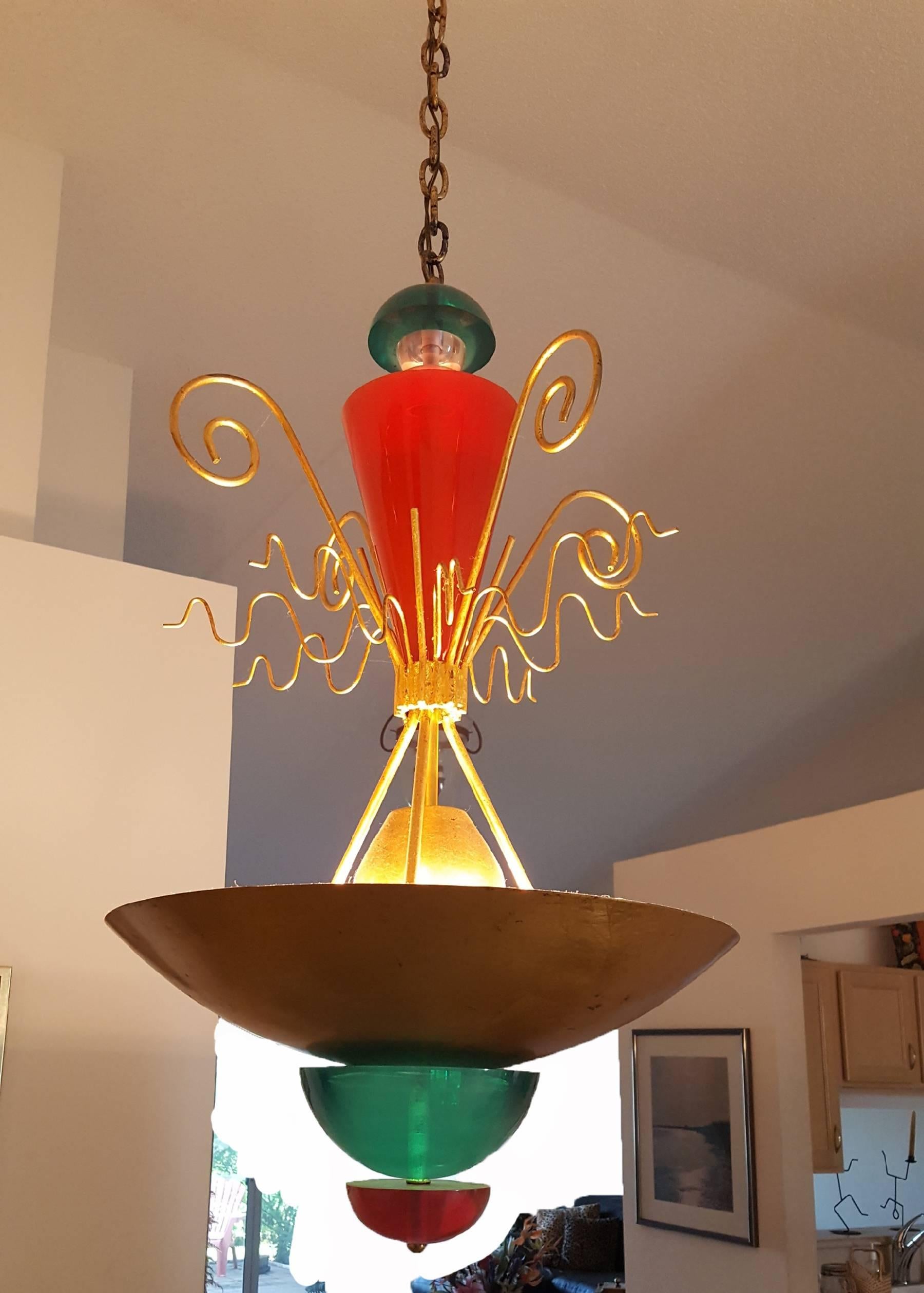 Vintage Van Teal Lucite chandelier light fixture. Colorful Lucite and finished metal chandelier by Van Teal post modern design. In the style of Ettore Sottsass Memphis style design, 34 inches high by 18 inches wide.