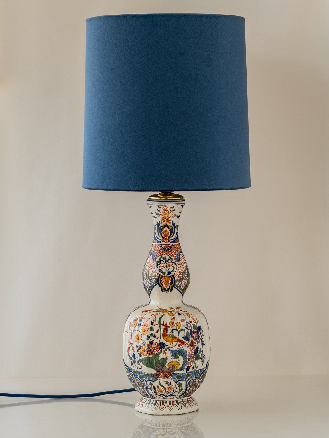 A richly hand-painted French Delft-style ceramic table lamp (c.1900–1920) with a new blue velvet shade — a vibrant antique accent for Chinoiserie, French Country, or eclectic interiors; newly wired with a U.S. plug and ready to use.

Meticulously
