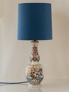 French Delft-Style Ceramic Table Lamp c 1900 with New Blue Velvet Lampshade