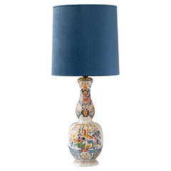 French Delft-Style Ceramic Table Lamp c 1900 with New Blue Velvet Lampshade