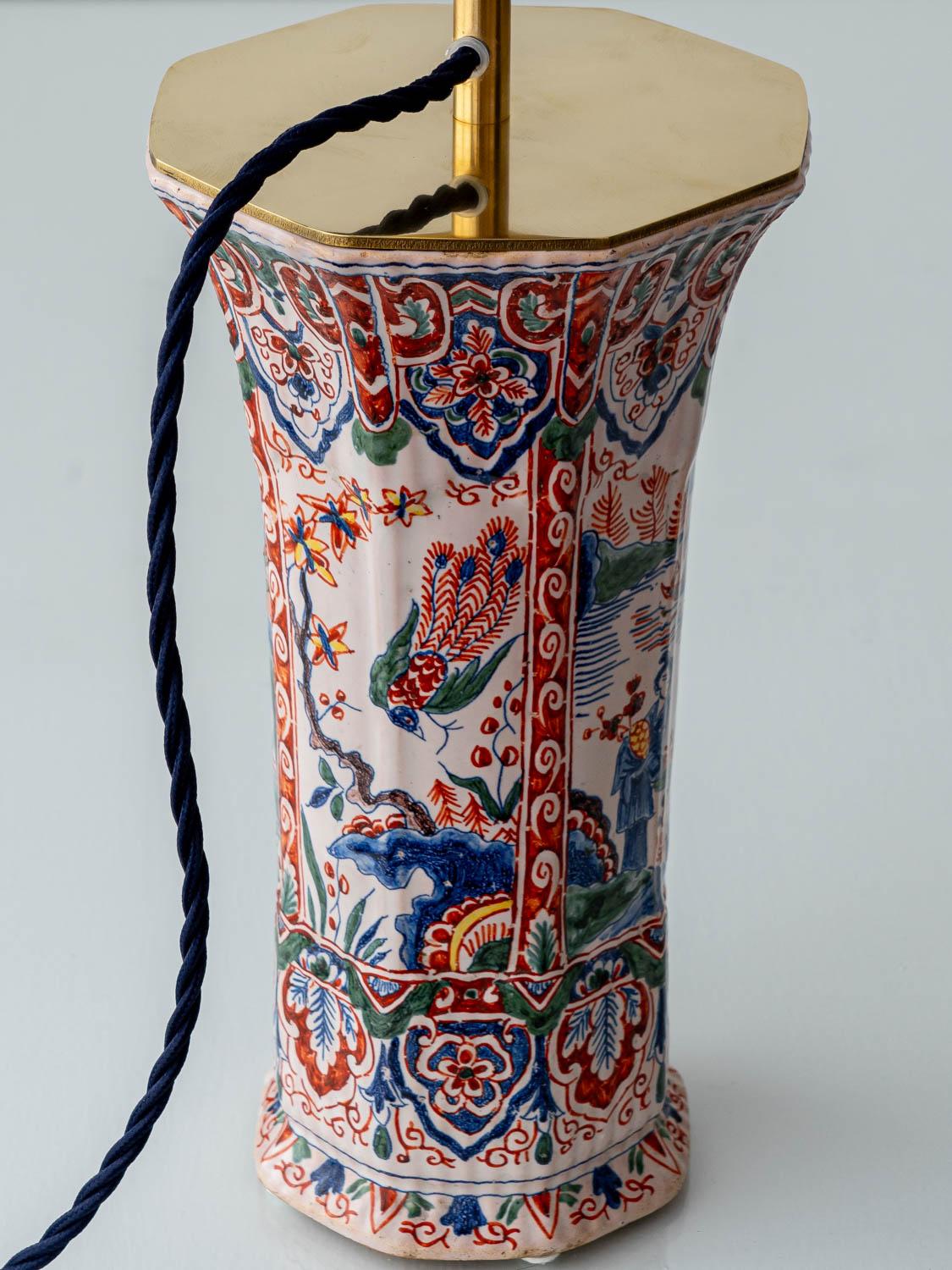 Lámpara de mesa Chinoiserie de Géo Martel, loza de Desvres, principios del siglo XX Latón en venta