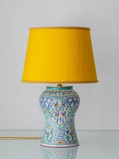 Hand-Painted Mediterranean Spanish Ceramic Table Lamp, New Yellow Silk Shade