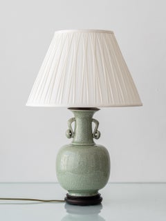 Celadon Crackle Glaze Porcelain Vase Table Lamp, Chinese, Scroll Handles