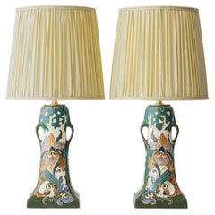 Antique Art Nouveau Ceramic Table Lamp Pair, Hand-Painted, Arnhem, 1915