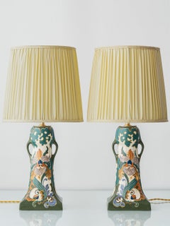 Antique Art Nouveau Ceramic Table Lamp Pair, Hand-Painted, Arnhem, 1915