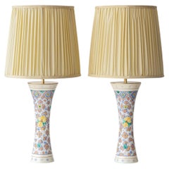 Antique Hand-Painted Table Lamp Pair, Ceramic & Brass, Gouda, 1918, New Shades