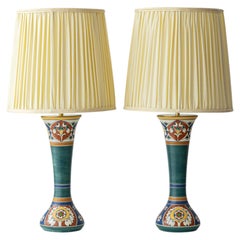 Lampes de table anciennes en céramique et laiton, Arnhem, années 1910, lot de deux avec abat-jours neufs