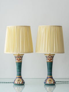 Lampes de table anciennes en céramique et laiton, Arnhem, années 1910, lot de deux avec abat-jours neufs