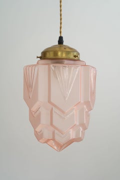 French Art Deco Pink Frosted Glass Skyscraper Pendant Light, 1930s
