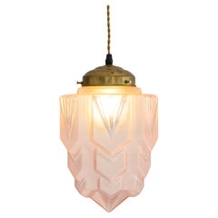 French Art Deco Pink Frosted Glass Skyscraper Pendant Light, 1930s