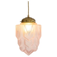 French Art Deco Pink Frosted Glass Skyscraper Pendant Light, 1930s