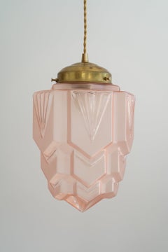 French Art Deco Pink Frosted Glass Skyscraper Pendant Light, 1930s