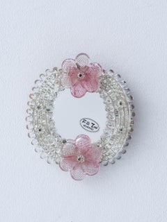 Piccolo specchio veneziano vintage in vetro di Murano con fiori rosa dei Fratelli Tosi