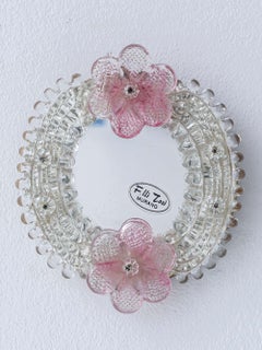 Piccolo specchio veneziano vintage in vetro di Murano con fiori rosa dei Fratelli Tosi