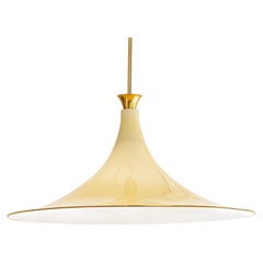 Murano Glass and Brass Trumpet Pendant Light, Butter Yellow and Opaline White