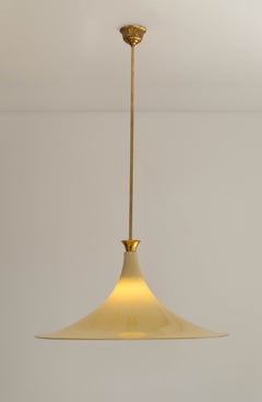 Murano Glass and Brass Trumpet Pendant Light, Butter Yellow and Opaline White