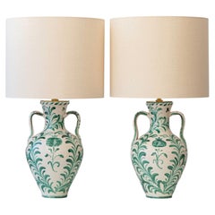 Lampes de table néo-espagnoles en céramique de Grenade, abat-jour en lin neuf, la paire
