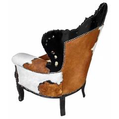French Armchair, French Louis XV Bergere Style Armchair in Cow Hide Leather